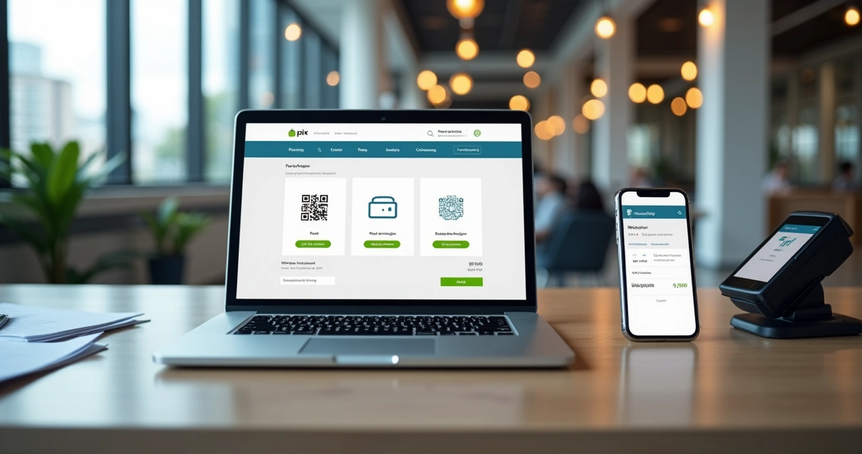 Loja virtual em notebook exibindo checkout Shopify com Pix, carteiras digitais e boleto 