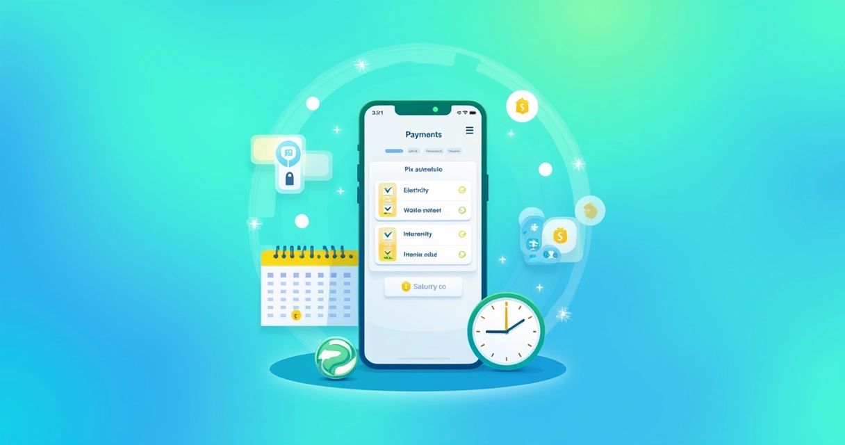 Interface digital de pagamentos automáticos com ícones de serviços, smartphone e gráficos representando eficiência financeira.