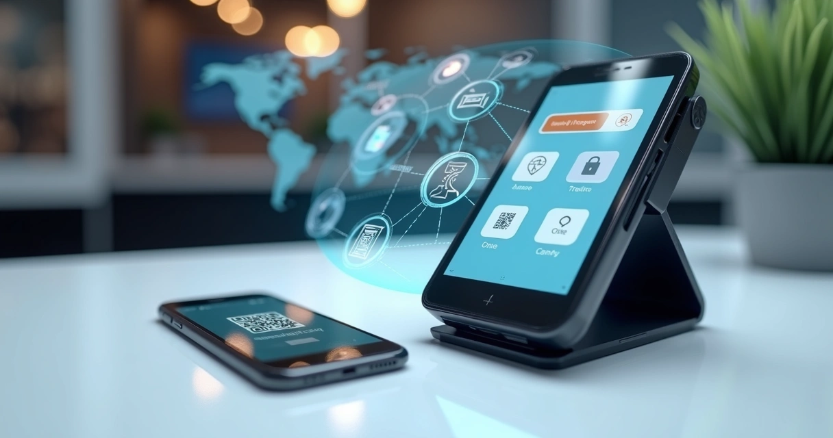 Dispositivo moderno para pagamentos com cartão de crédito mostrando tela com ícones digitais e transações seguras 