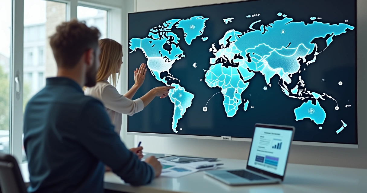 Equipe analisando painel global de pagamentos cross-border no e-commerce 