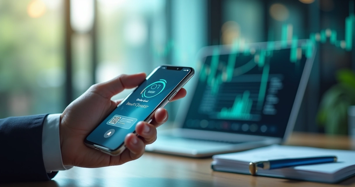 Pessoa usando celular com interface de pagamentos digitais e gráficos financeiros 