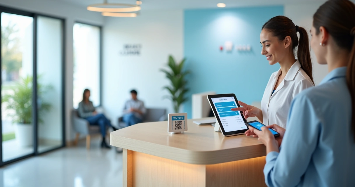 Recepcionista de clínica médica oferecendo pagamento digital em tablet a paciente na recepção 