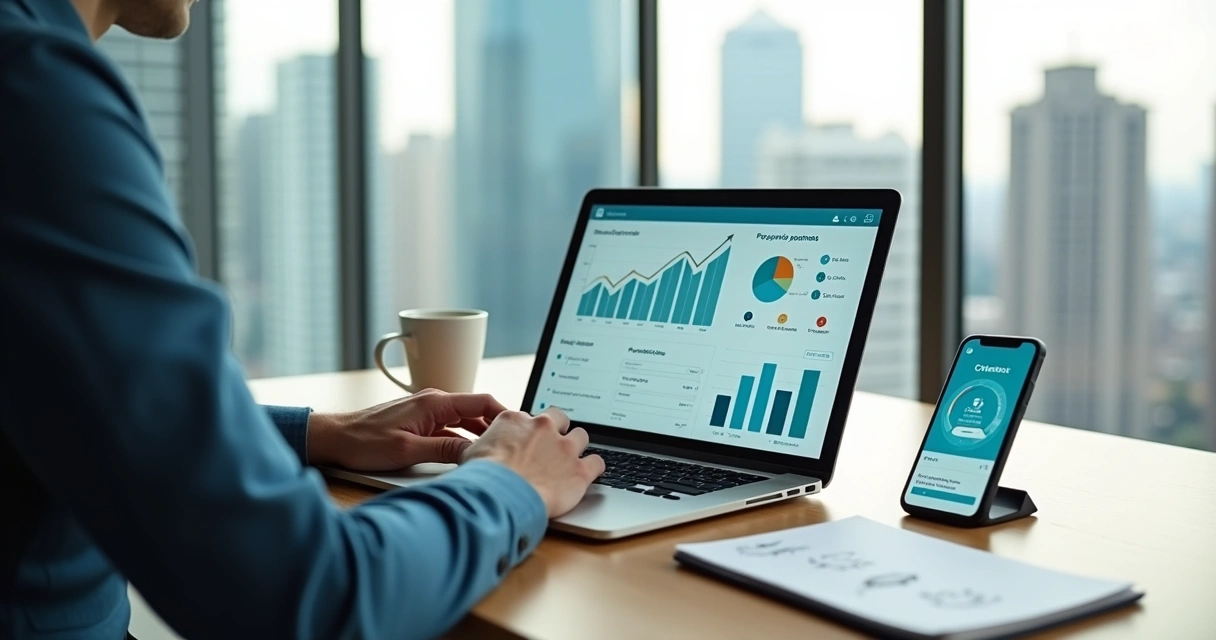 Empresário analisando painel de pagamentos digitais em notebook no escritório 