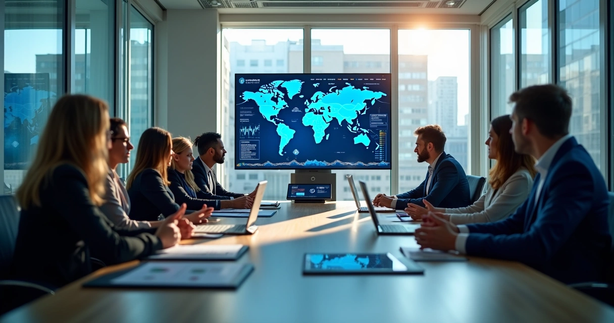 Equipe financeira analisando relatórios digitais em sala de reuniões moderna