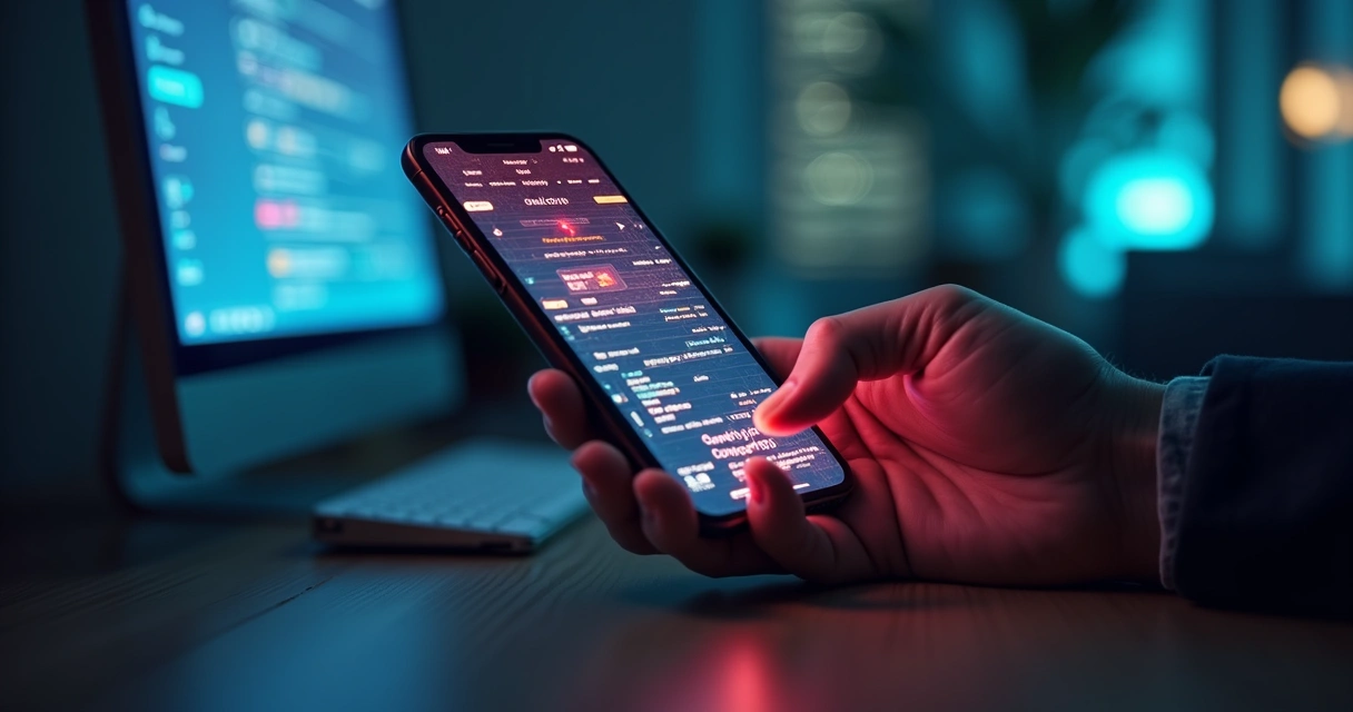 Computador e smartphone exibindo alertas de fraude em pagamentos digitais com elementos visuais de segurança e código binário ao fundo 