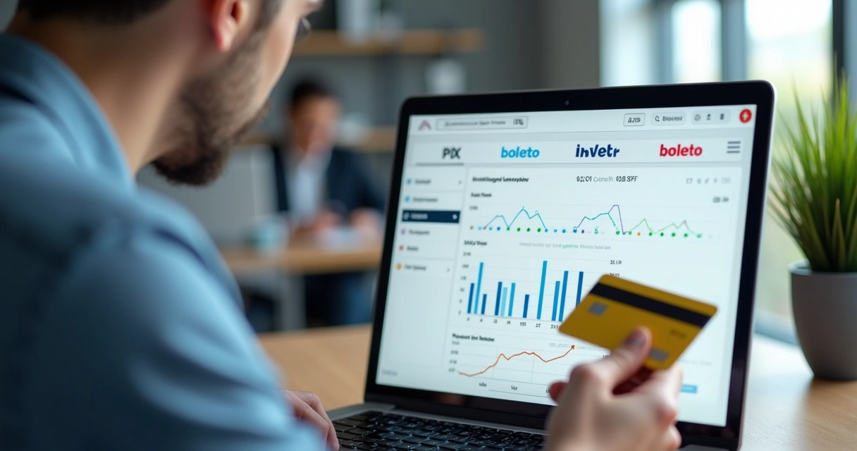 Interface com múltiplas opções de pagamento online: Pix, cartões, boleto, e carteiras digitais 