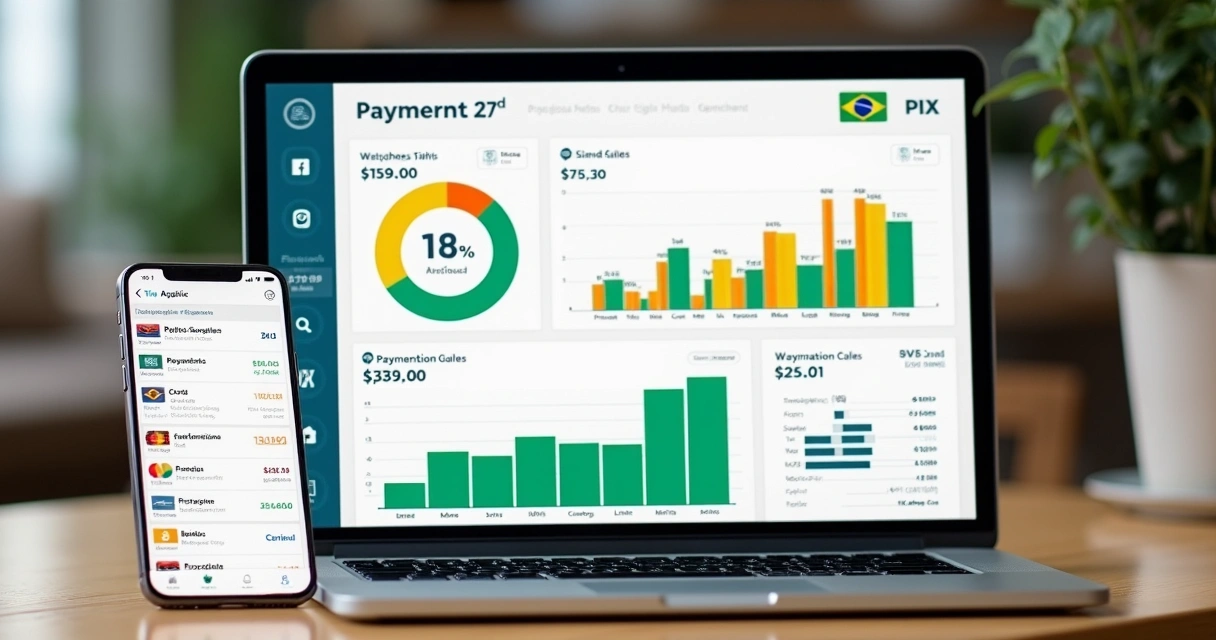 Dashboard digital mostrando gráficos e métodos de pagamento como Pix, cartões e boletos 