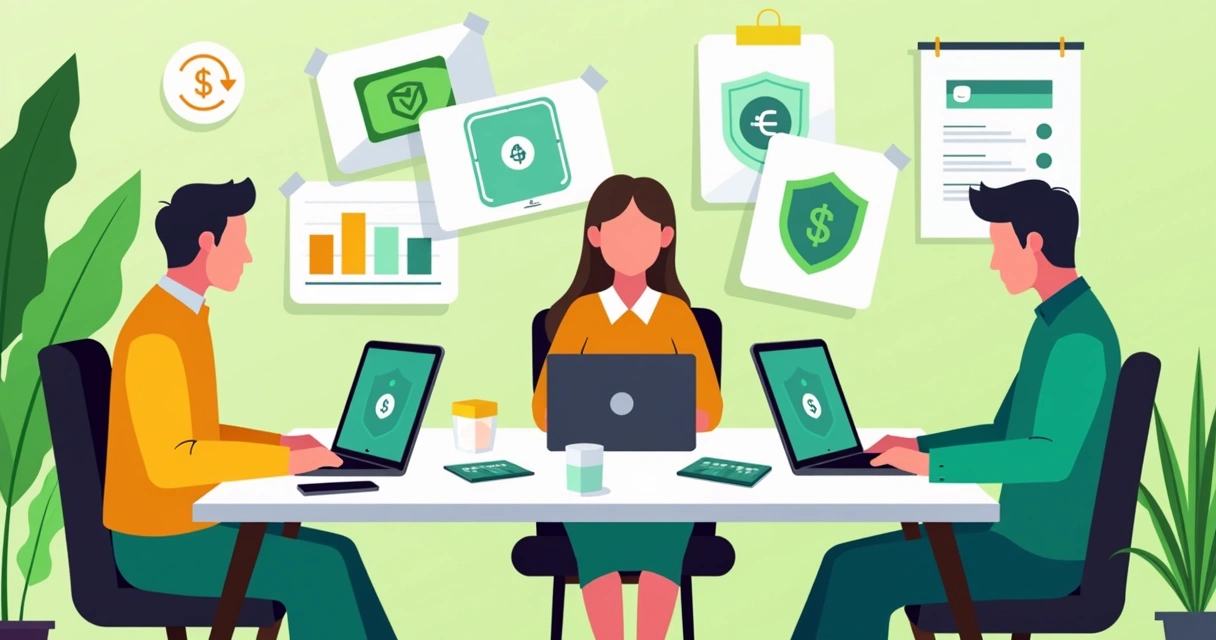 Equipe analisando soluções de pagamentos digitais em computadores 