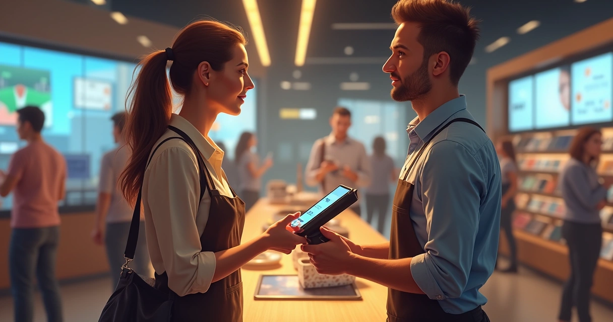 Homem usando maquininha e QR code no balcão de loja 