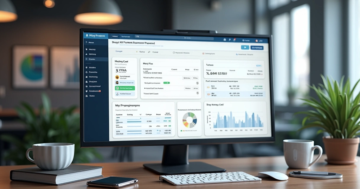 Tela de computador mostrando painel financeiro de pagamentos e taxas de cartão no Shopify 