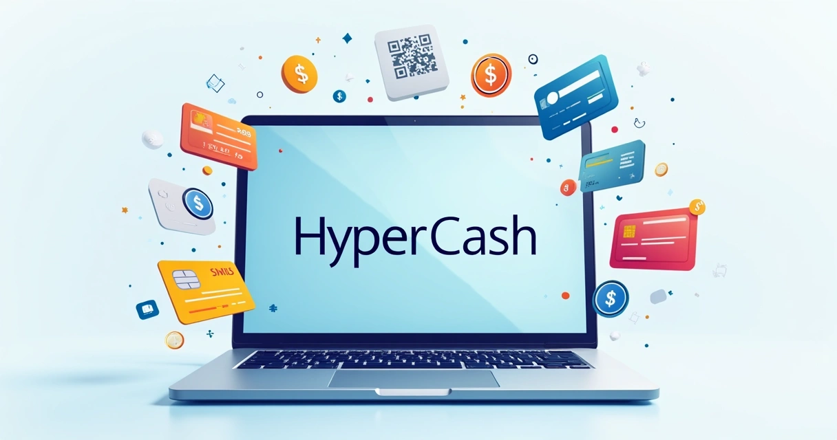 Vários métodos de pagamento internacionais em torno de laptop com logo da HyperCash 