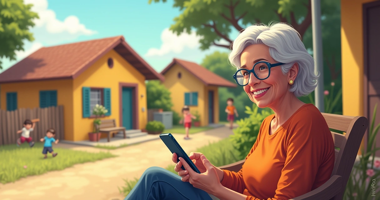 Pessoa idosa usando celular para pagamento em bairro simples 