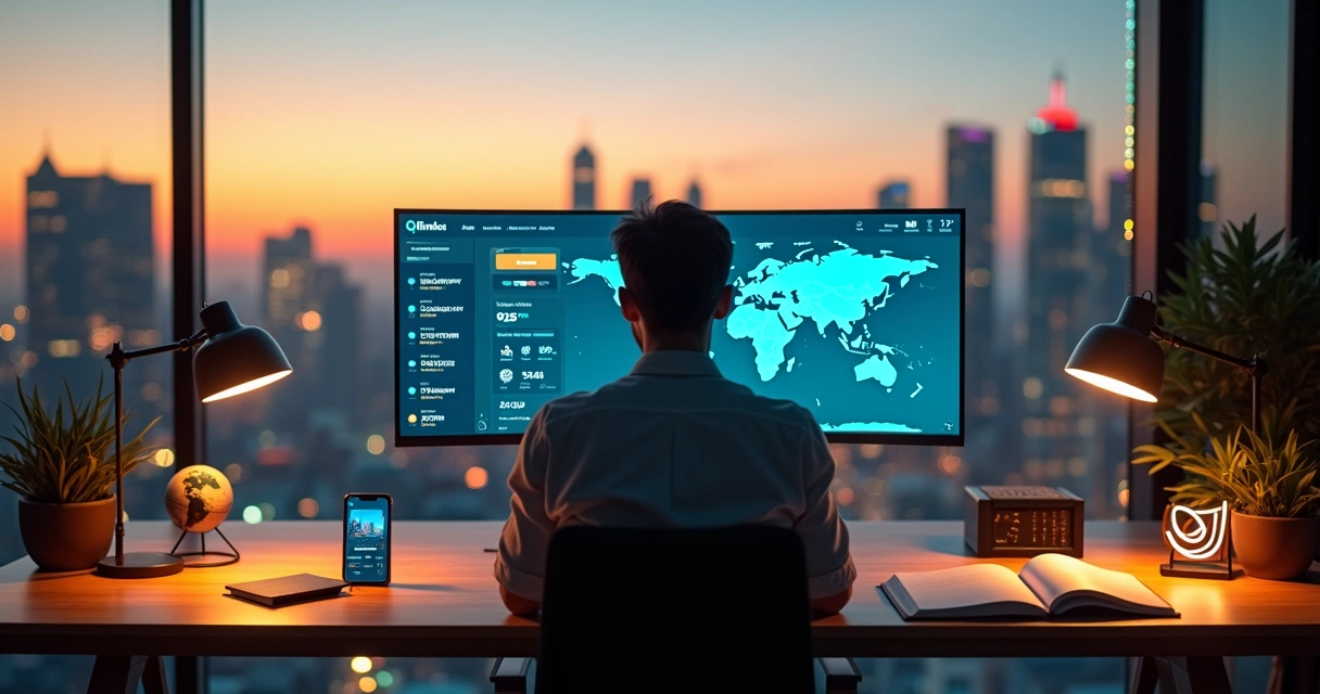 Profissional PJ em escritório criativo analisando painel de pagamentos internacionais 