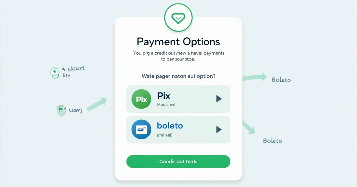 Tela de checkout com opções de pagamento como Pix, cartão e boleto 