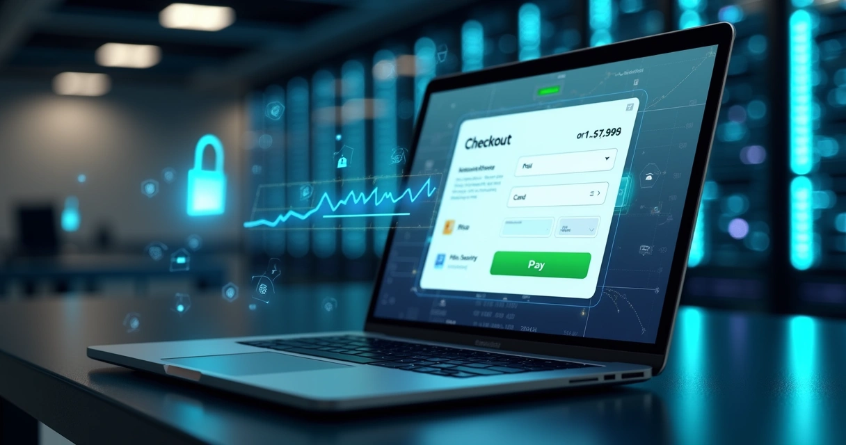 Tela de checkout online segura exibindo cadeado e gráficos de estabilidade de pagamentos 