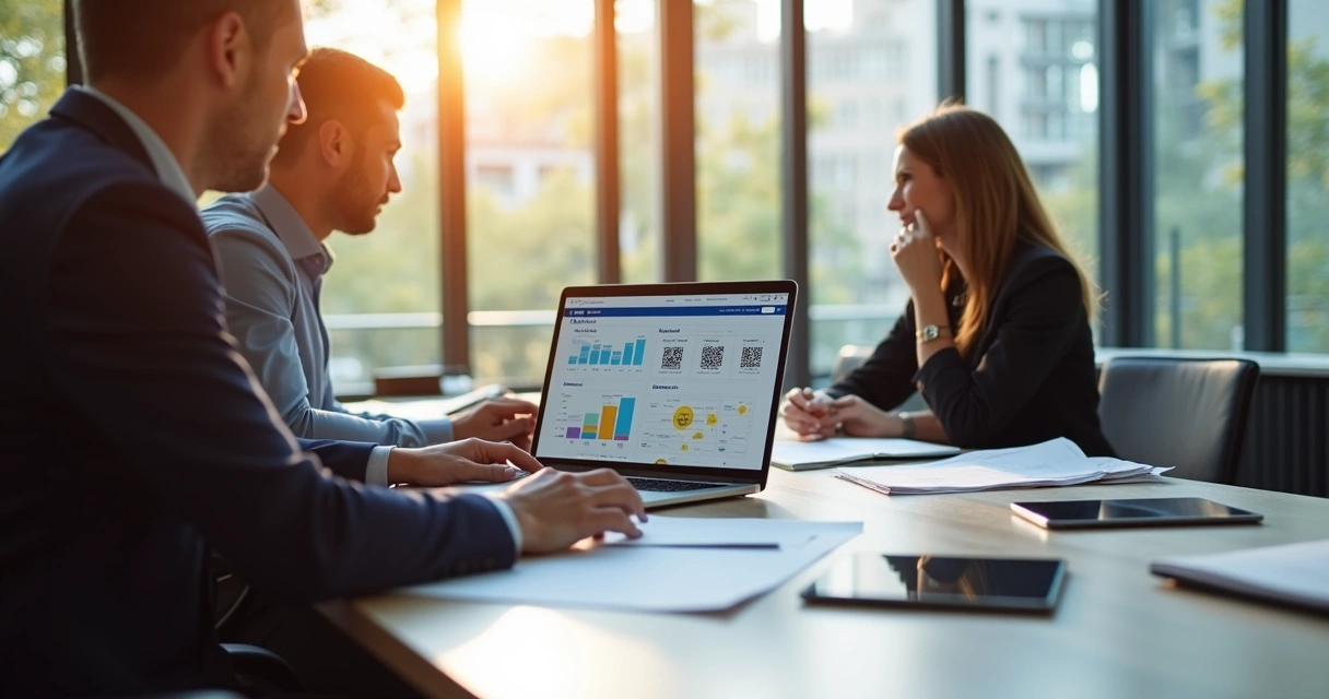 Mesa de reunião com notebook mostrando integração PIX e equipe trabalhando 