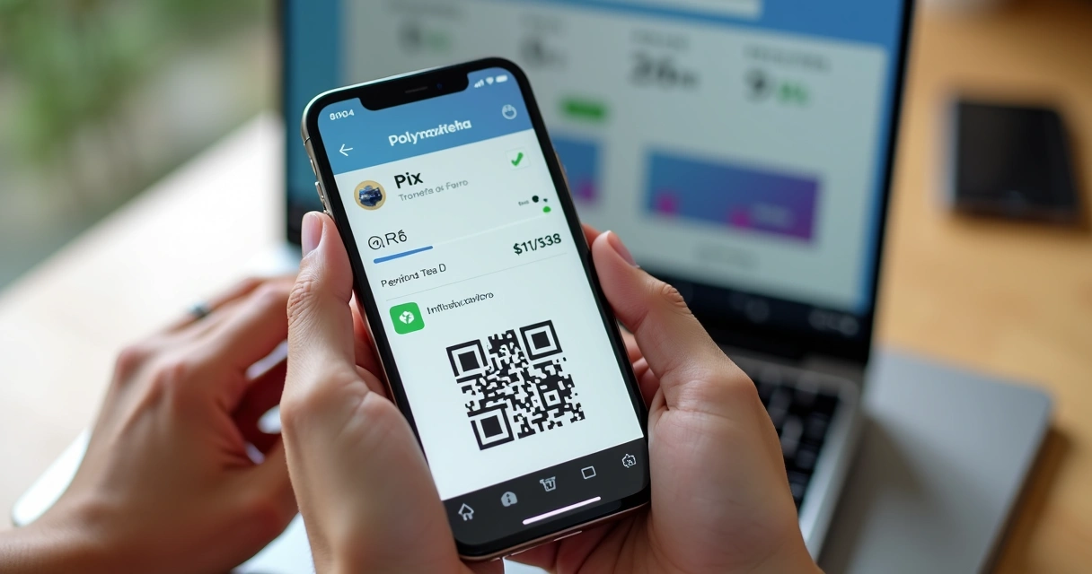 Smartphone mostrando tela do app com pagamento via Pix em uma plataforma financeira 