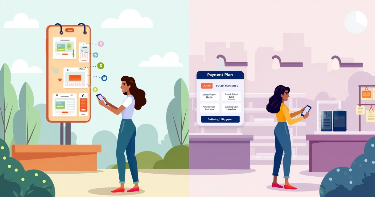 Ilustração contrastando pagamentos recorrentes, como assinatura mensal, com compras parceladas de celular.