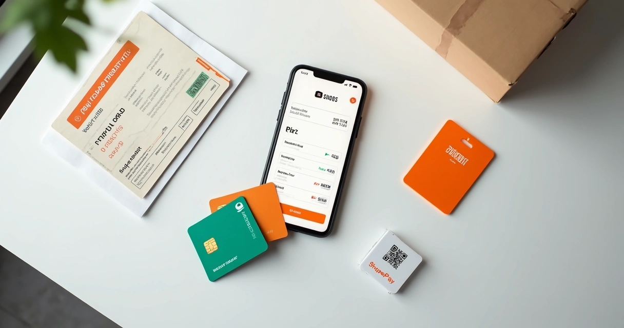 Tela de pagamento da Shopee em celular cercado por cartão de crédito, boleto, Pix e carteira digital 