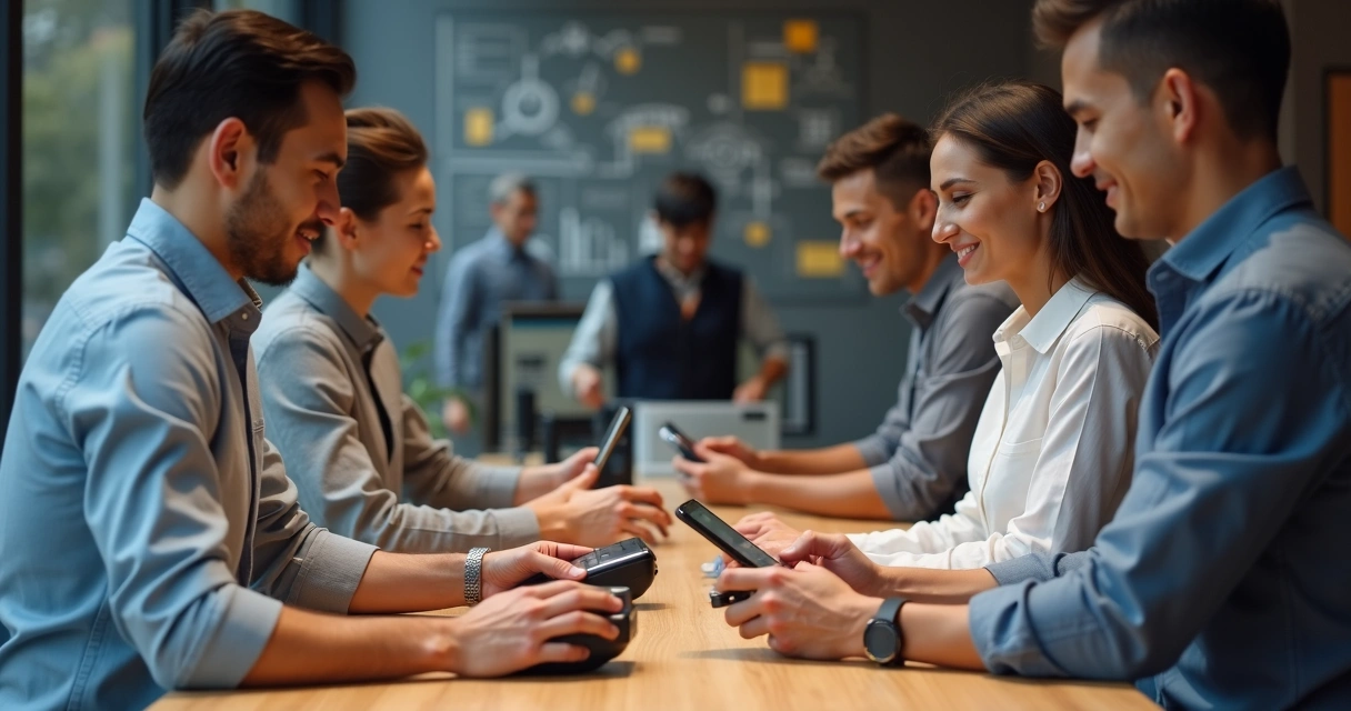 Cenas de negócios processando pagamentos em dispositivos white label 