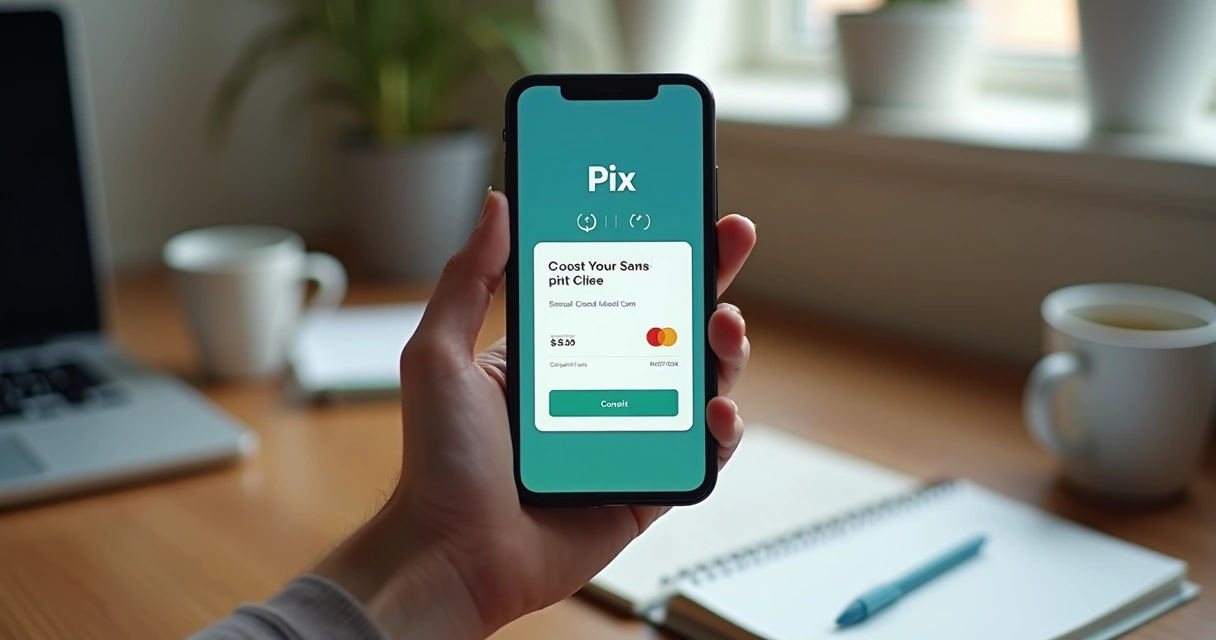 Pessoa pagando Pix com cartão de crédito pelo celular 