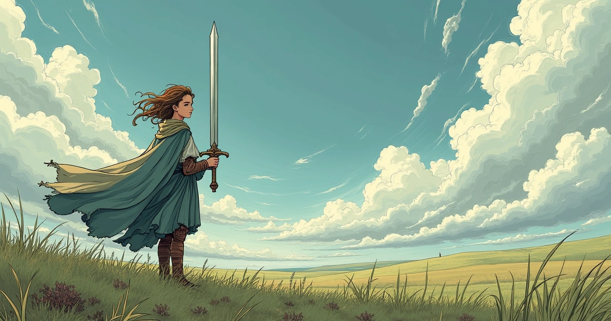 Page of Swords tarot card illustration with windy sky 