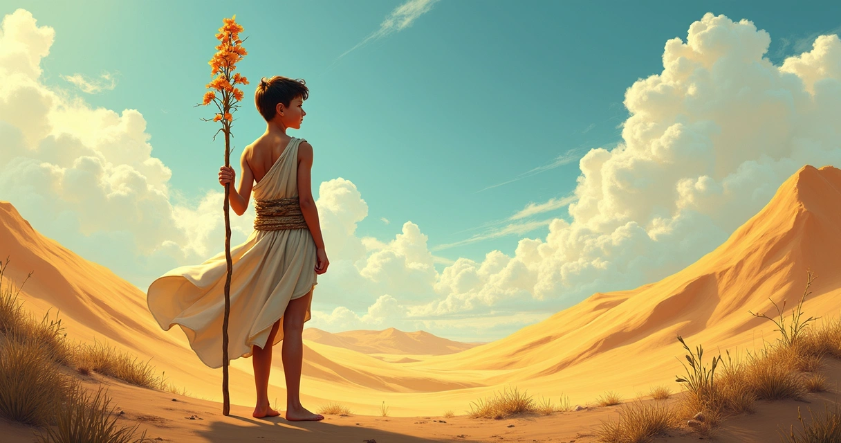 Tarot card of Page of Wands with a young person holding a blooming wand in a desert landscape 