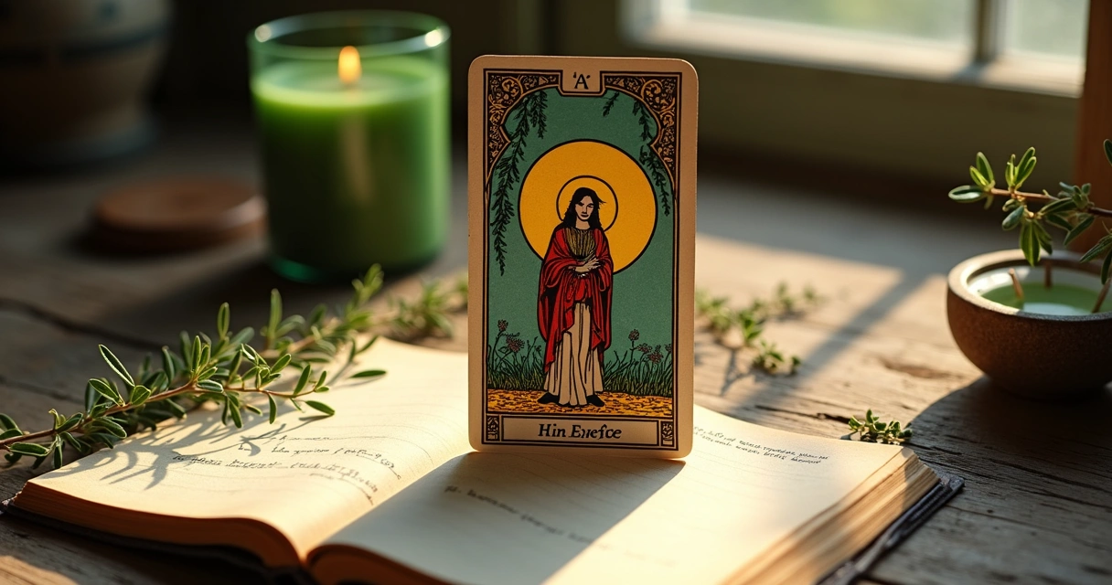 Tarot card Page of Pentacles upright on a wooden table 