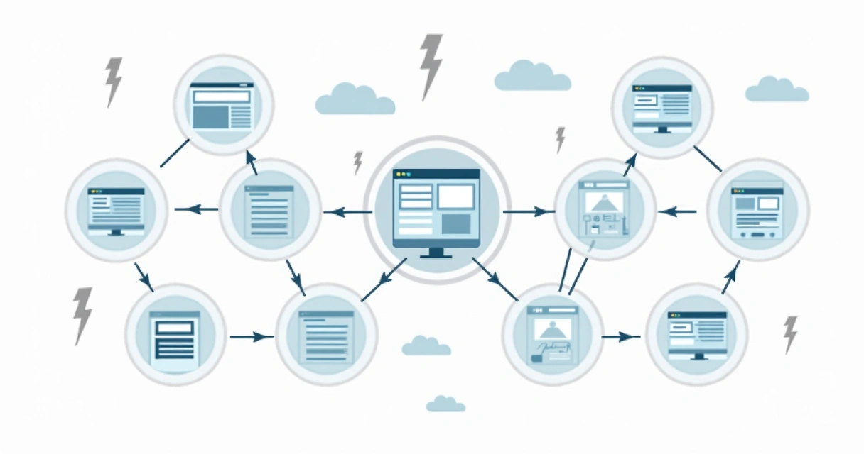 Web diagram showing interconnected websites with arrows representing link flow 