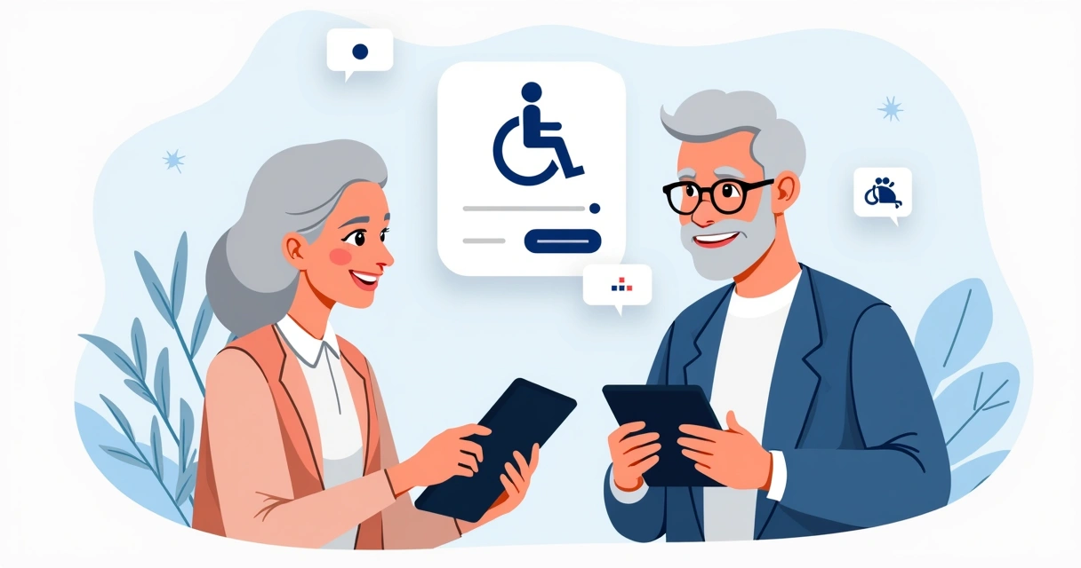 Página de landing page ilustrada mostrando pessoa idosa navegando ativamente em site com fonte grande e botões claros 
