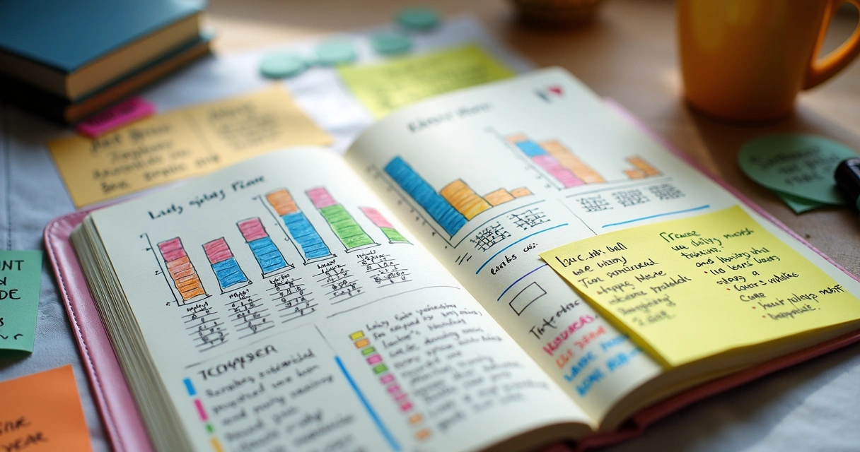 Página de bullet journal com rastreador de humor, hábitos, desenhos e textos curtos 