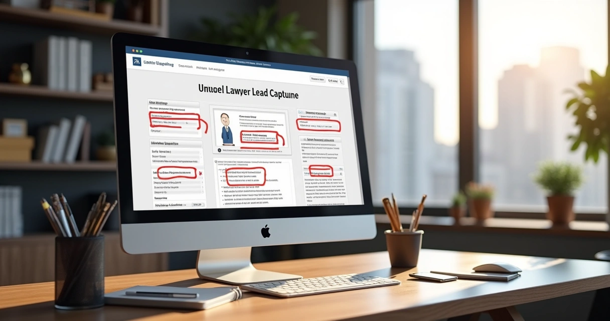 Tela de computador exibindo página web de captação com marcação de erros em vermelho, ambiente de escritório moderno ao fundo 