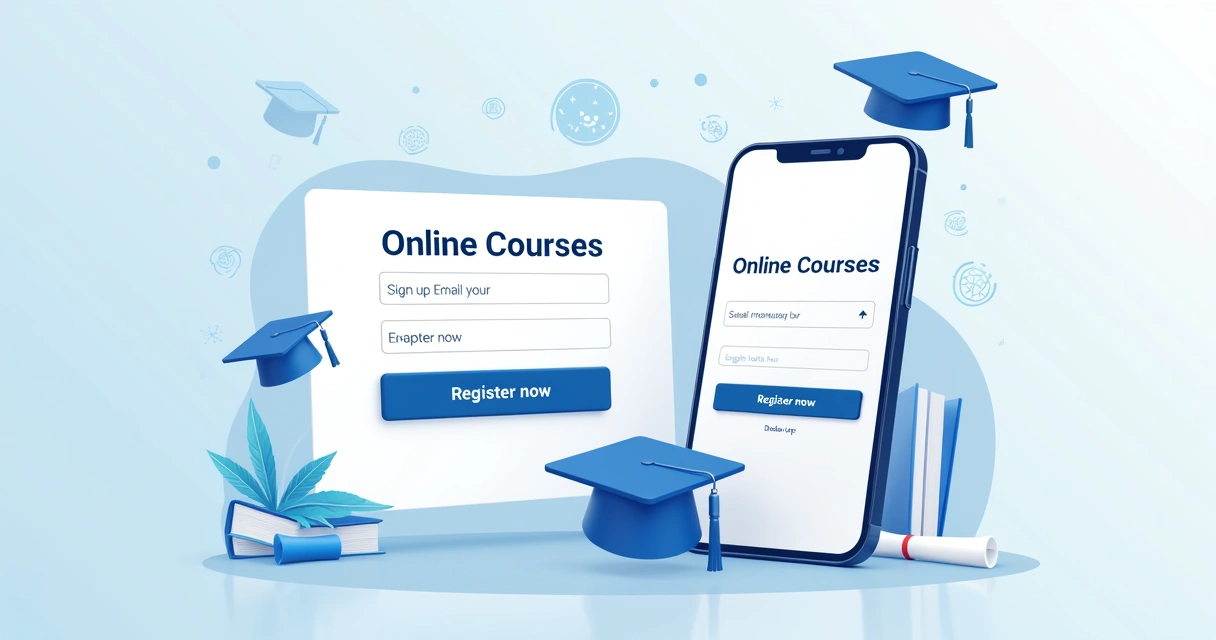 Ilustração de página de captura online para cursos, com campos de e-mail e botão de inscrição 