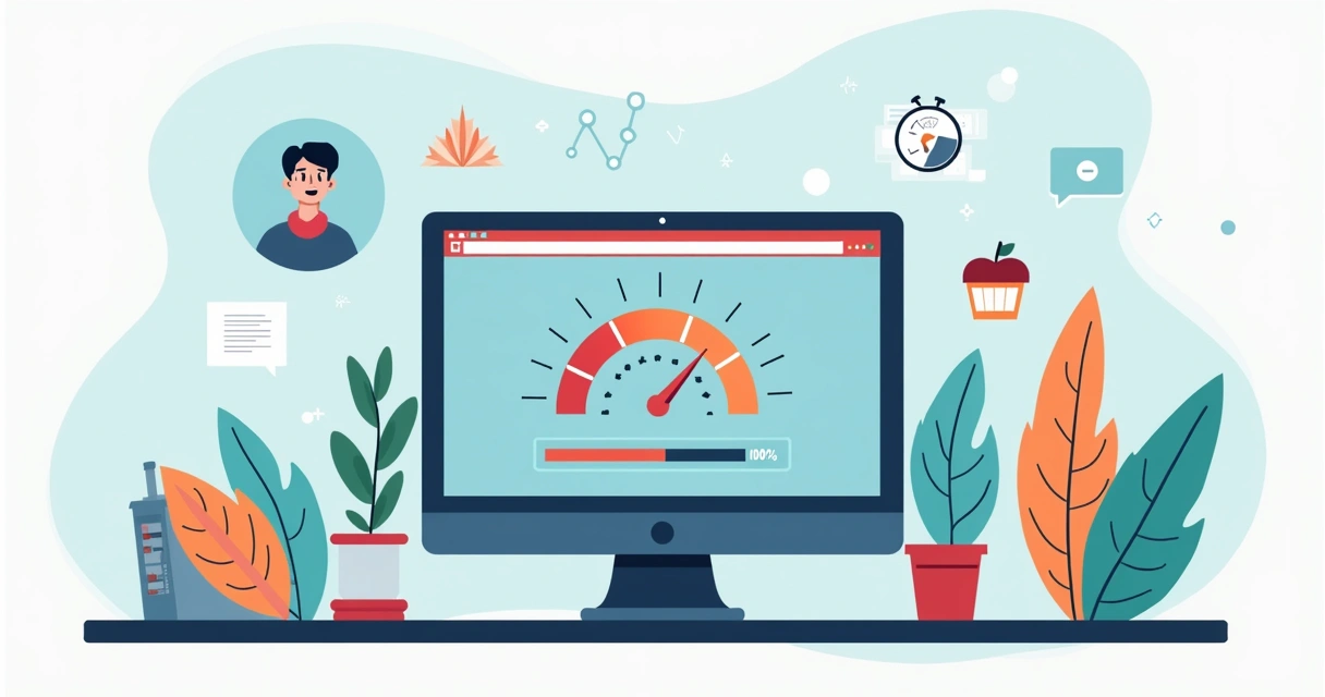 Ilustração de página de site carregando rapidamente em um monitor 