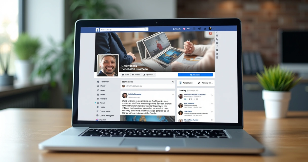 Mockup de página comercial no Facebook exibindo conteúdo de uma empresa. 