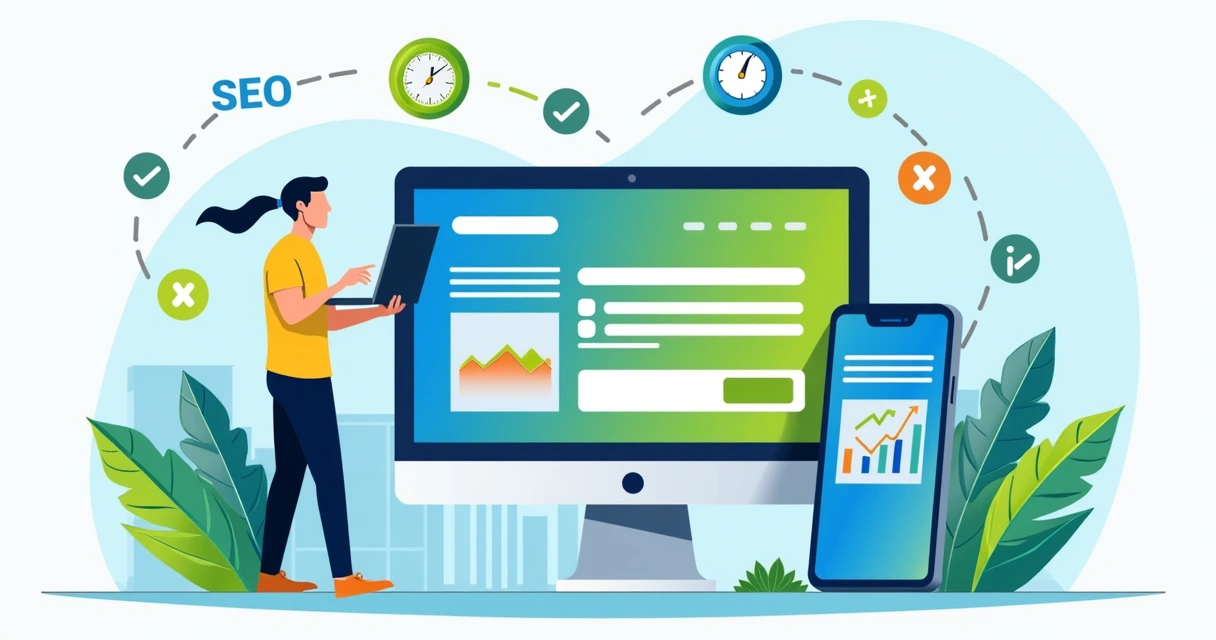 Webdesigner ajustando landing page em desktop e smartphone, gráficos de desempenho ao fundo 