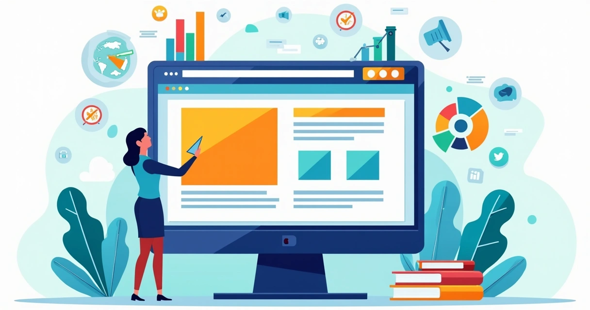 Página de landing page de marketing digital com elementos dinâmicos e gráficos coloridos 