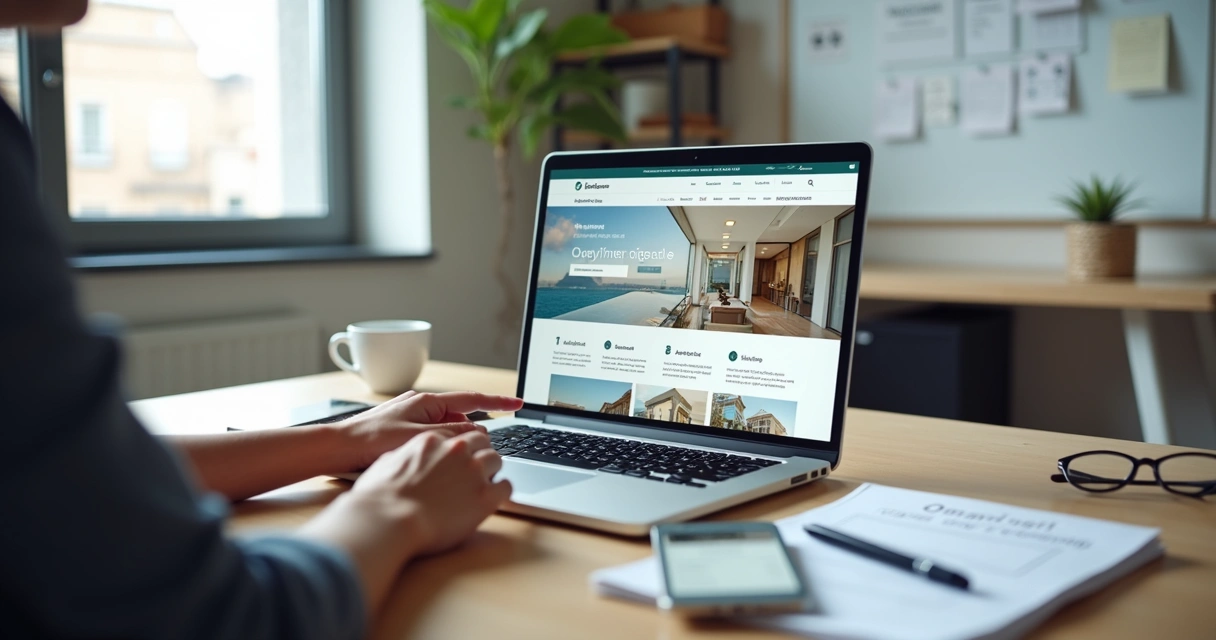 Corretor analisa página de imóvel aberta em tela de notebook em mesa de escritório moderna 