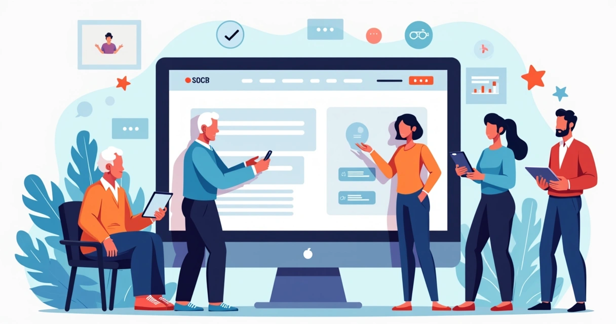 Landing page inclusiva vista em dispositivos variados por pessoas com diferentes necessidades