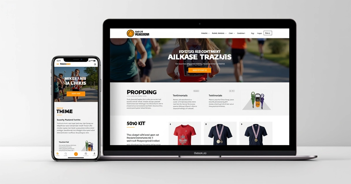 Página de inscrição de corrida exibida em celular e notebook, mostrando clareza e praticidade 