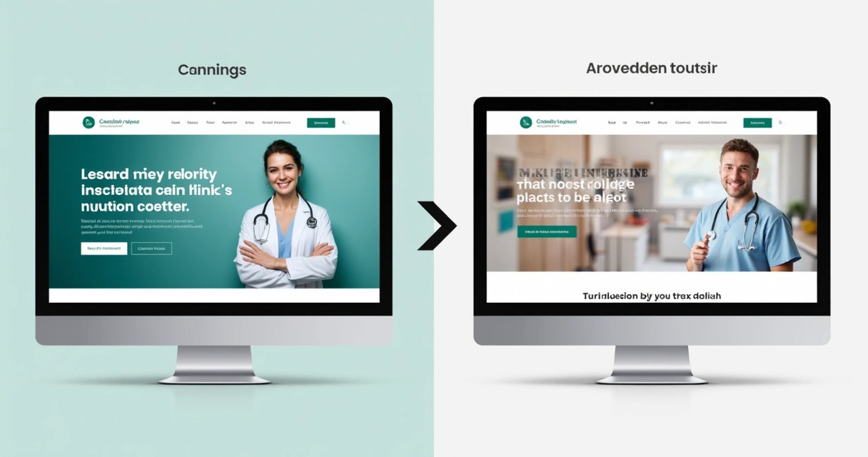 Comparação visual entre página institucional de clínica e landing page focada em conversão para cirurgia plástica 
