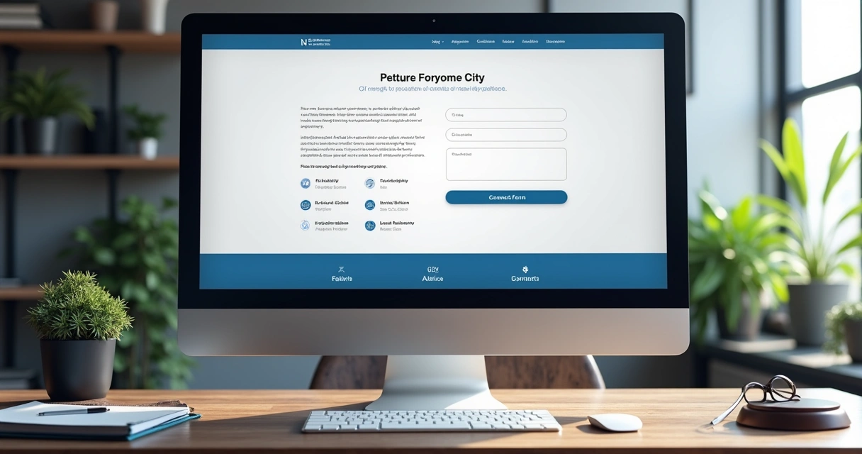 Tela de landing page jurídica em escritório moderno