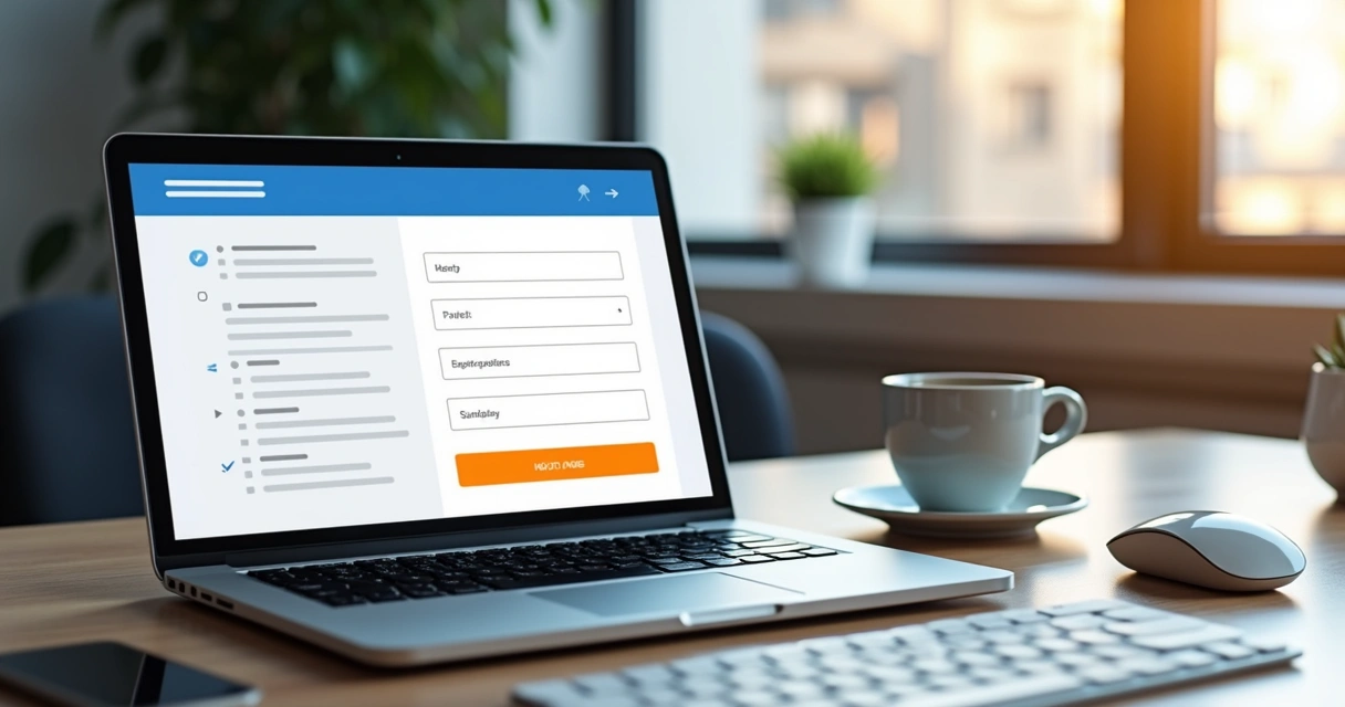 Computador aberto mostrando uma landing page com headline, formulário e botão de chamada para ação, ambiente de escritório moderno com iluminação natural e elementos tecnológicos ao fundo 