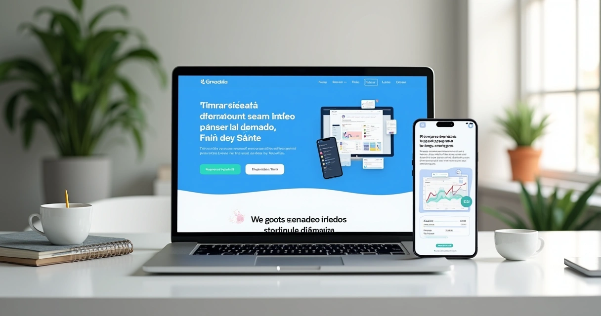 Layout moderno de landing page SaaS em tons claros 