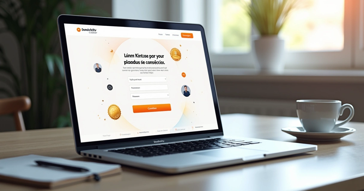 Landing page de consórcio em tela de notebook, com formulário e gráficos 