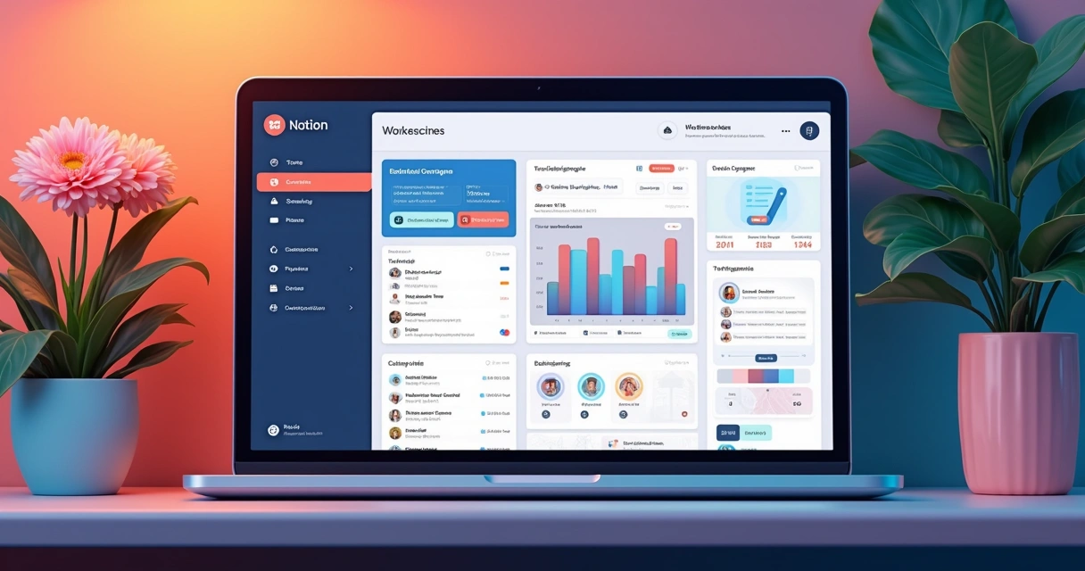 Página de layout estratégico no Notion com dashboards e painel lateral 