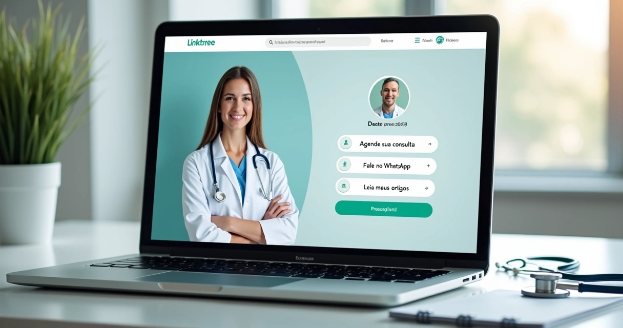 Página personalizada do Linktree para consultório médico, com botões coloridos e perfil do médico no topo
