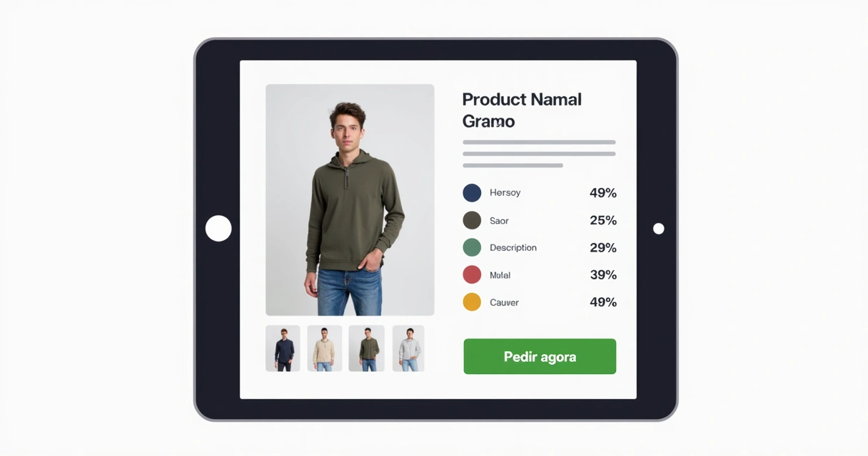 Layout de página de produto com foto, preço e CTA 