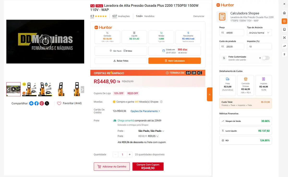 Página do produto Lavadora de Alta Pressão Ousada Plus 2200 com preços, avaliações e cálculo de lucro pela plataforma Hunter