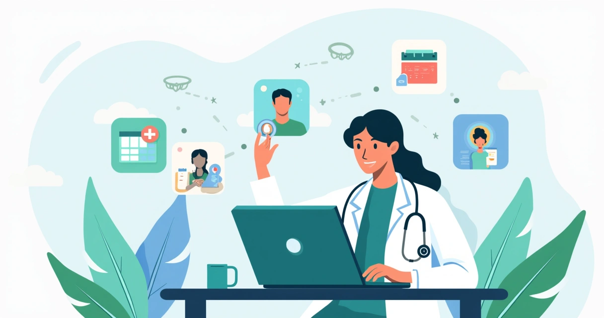 Ilustração corporativa plana de médico criando página pública para clínica com computador e elementos digitais ao redor 